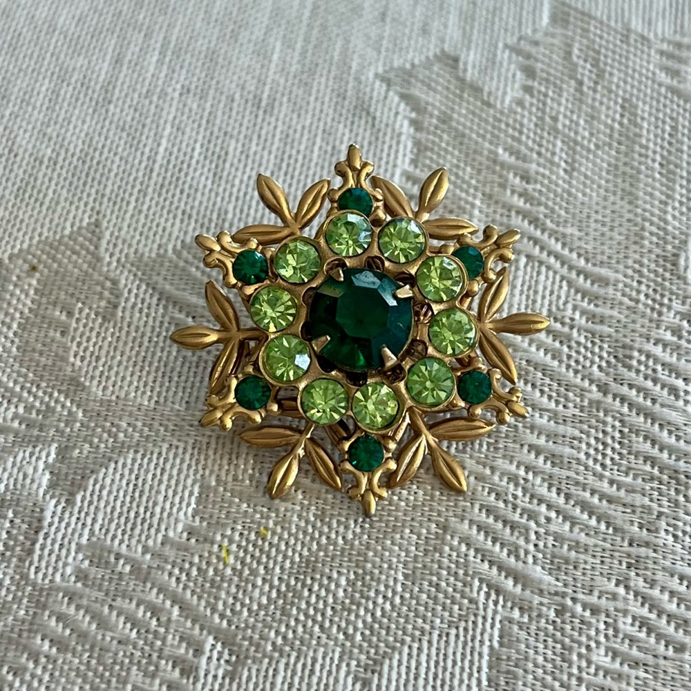 Gold and Green Rhinestone Brooch